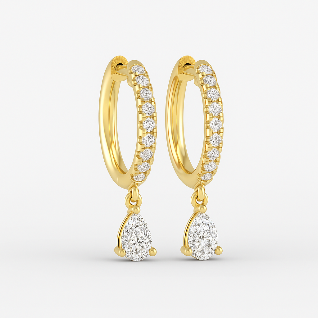Yellow gold Unhinged Huggies earrings front and side product shot with sparkling pavé-set lab-grown diamonds