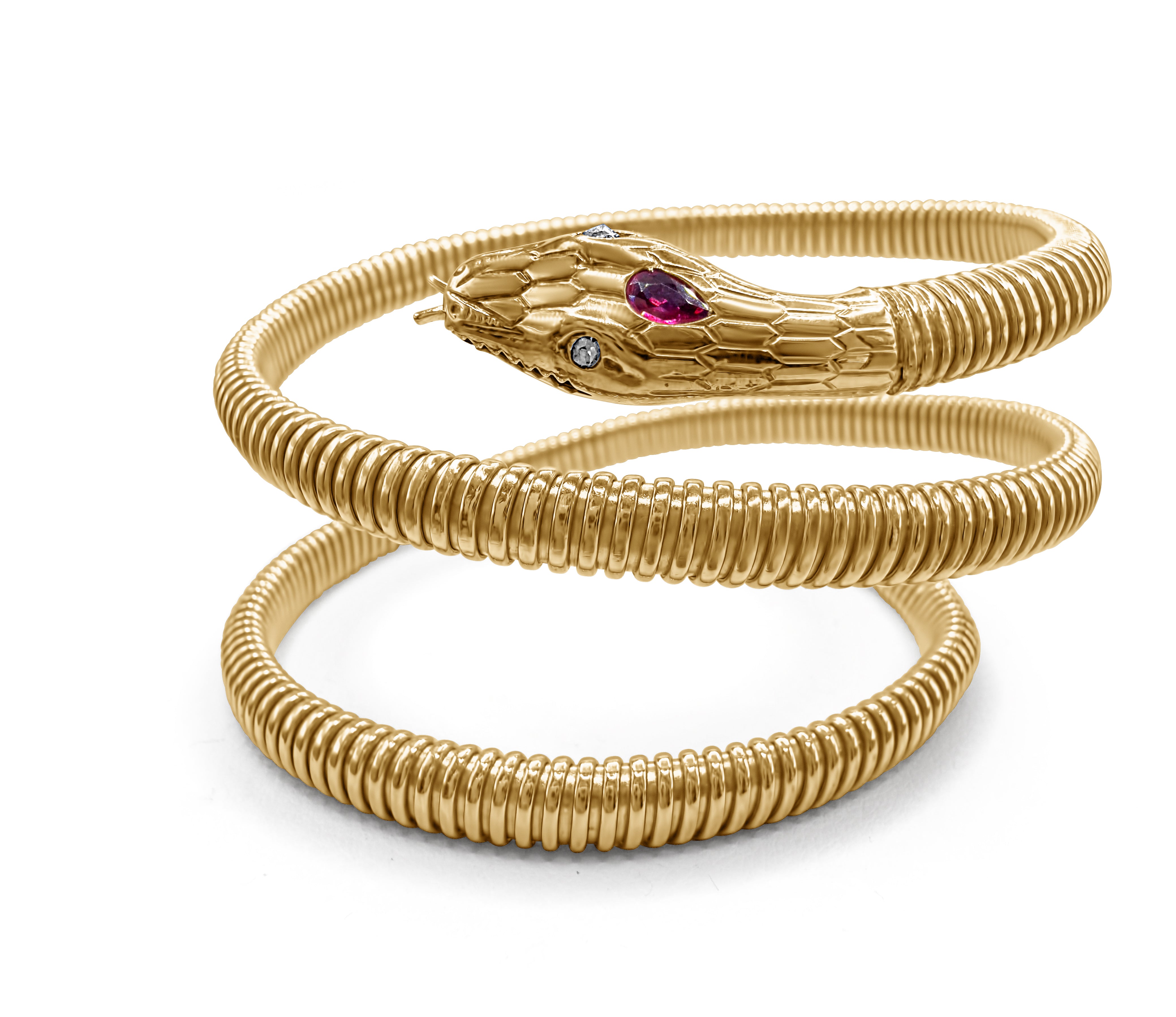Full view of We Are One Snake Wrap Bangle in 14k yellow gold with ruby head and diamond eyes, serpent-inspired design