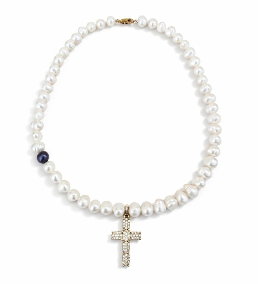 Holy Water Pearl choker in white with gold and diamond cross pendant—Waltz Diamonds