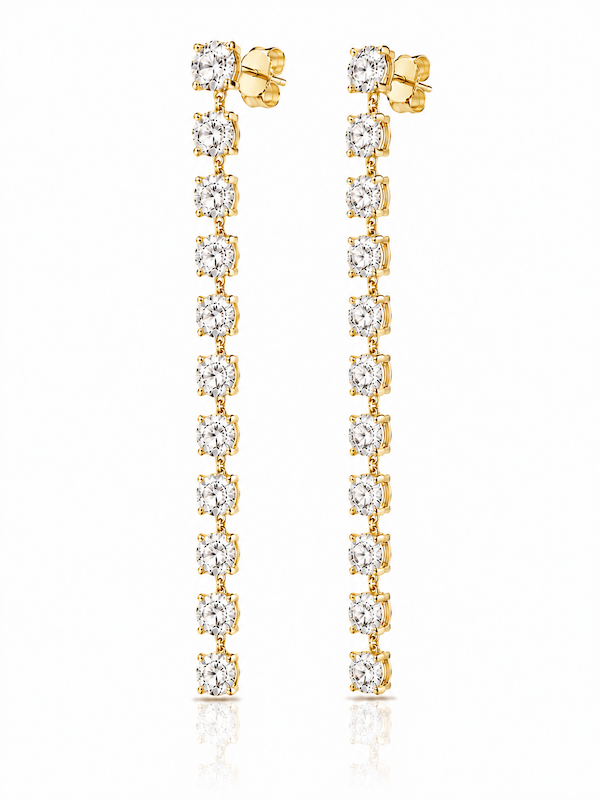 11:11 Diamond Drop Earrings featuring 10.3 carats of linear drop diamond earrings in yellow gold — Waltz Diamonds