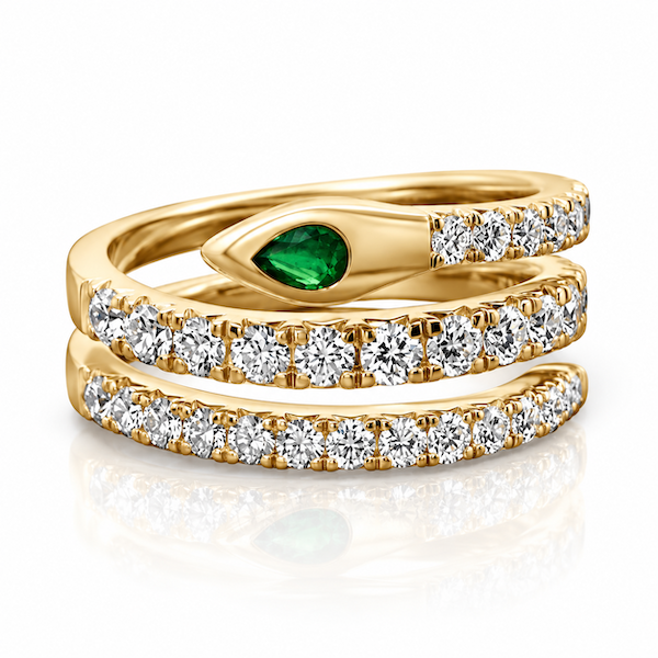 Satnam snake ring featuring three diamond wrap bands with a emerald head and ruby eye — Waltz Diamonds
