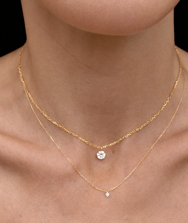Adora floating .50 carat diamond necklace 14k yellow gold on model — Waltz Diamonds.