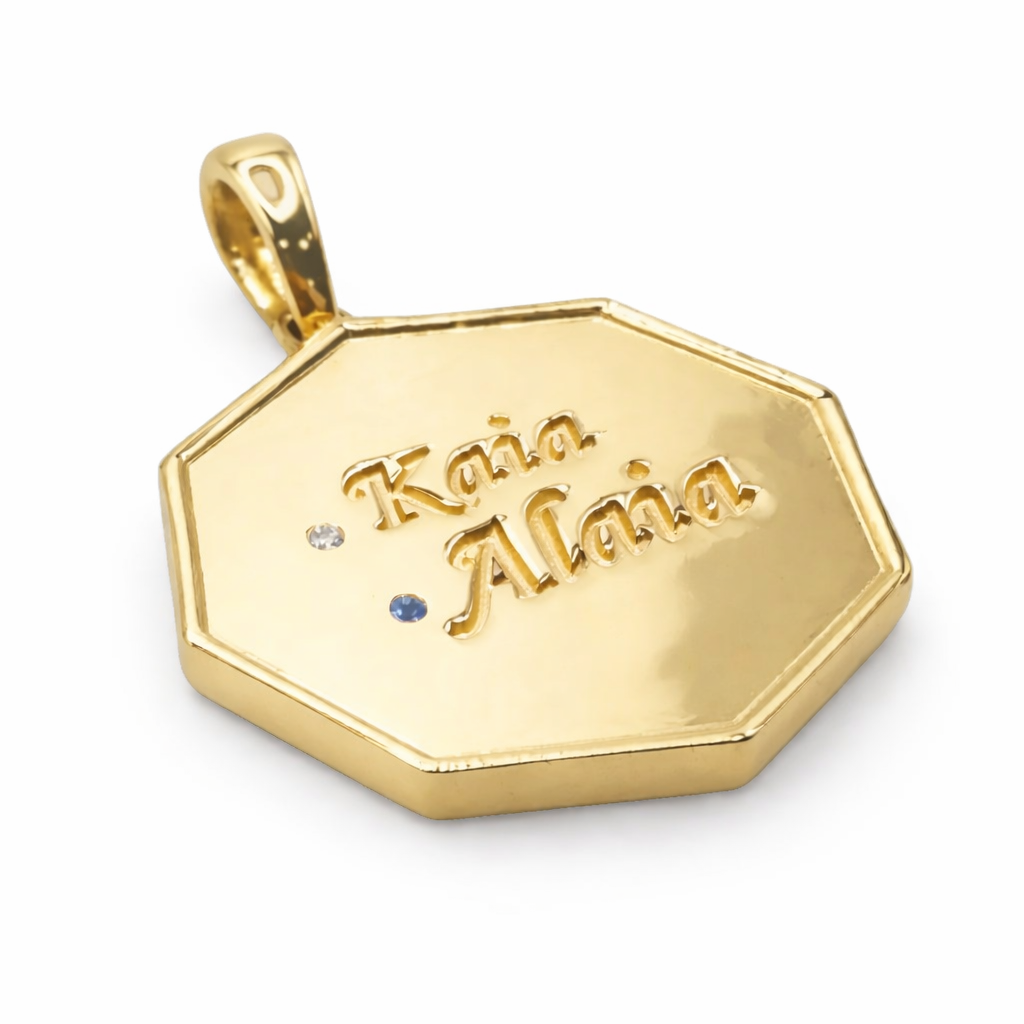 Alaia Namesake pendant in yellow gold and birthstones and name engravings — Waltz Diamonds