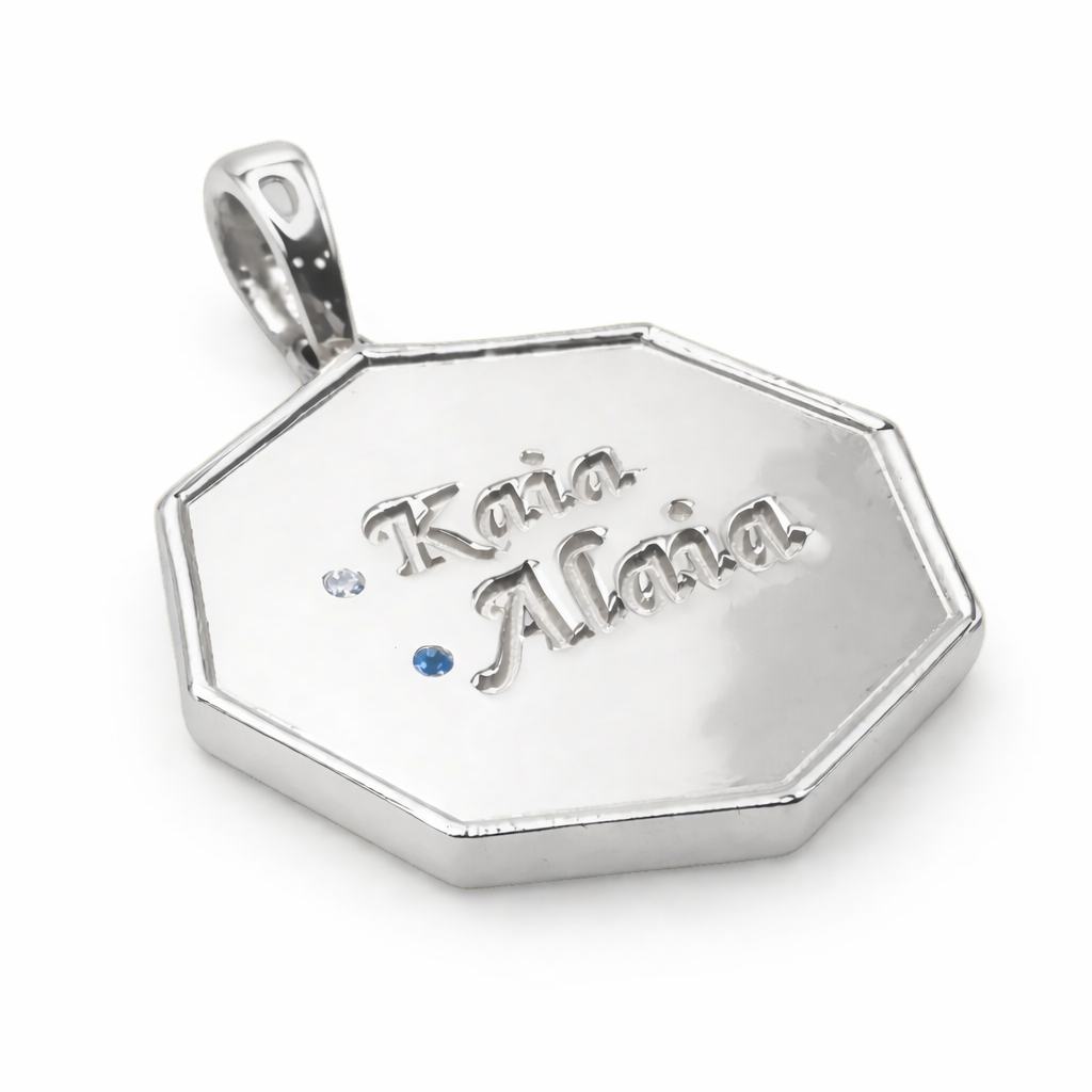 Alaia Namesake pendant in white gold and birthstones and name engravings — Waltz Diamonds