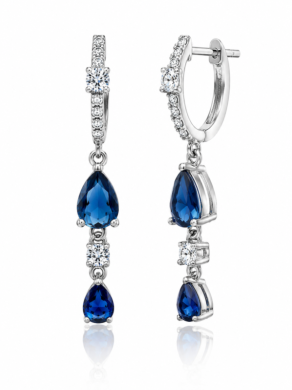 Baby Blue Pear Drop Huggies with two blue sapphire and diamond drop in white gold — Waltz Diamonds