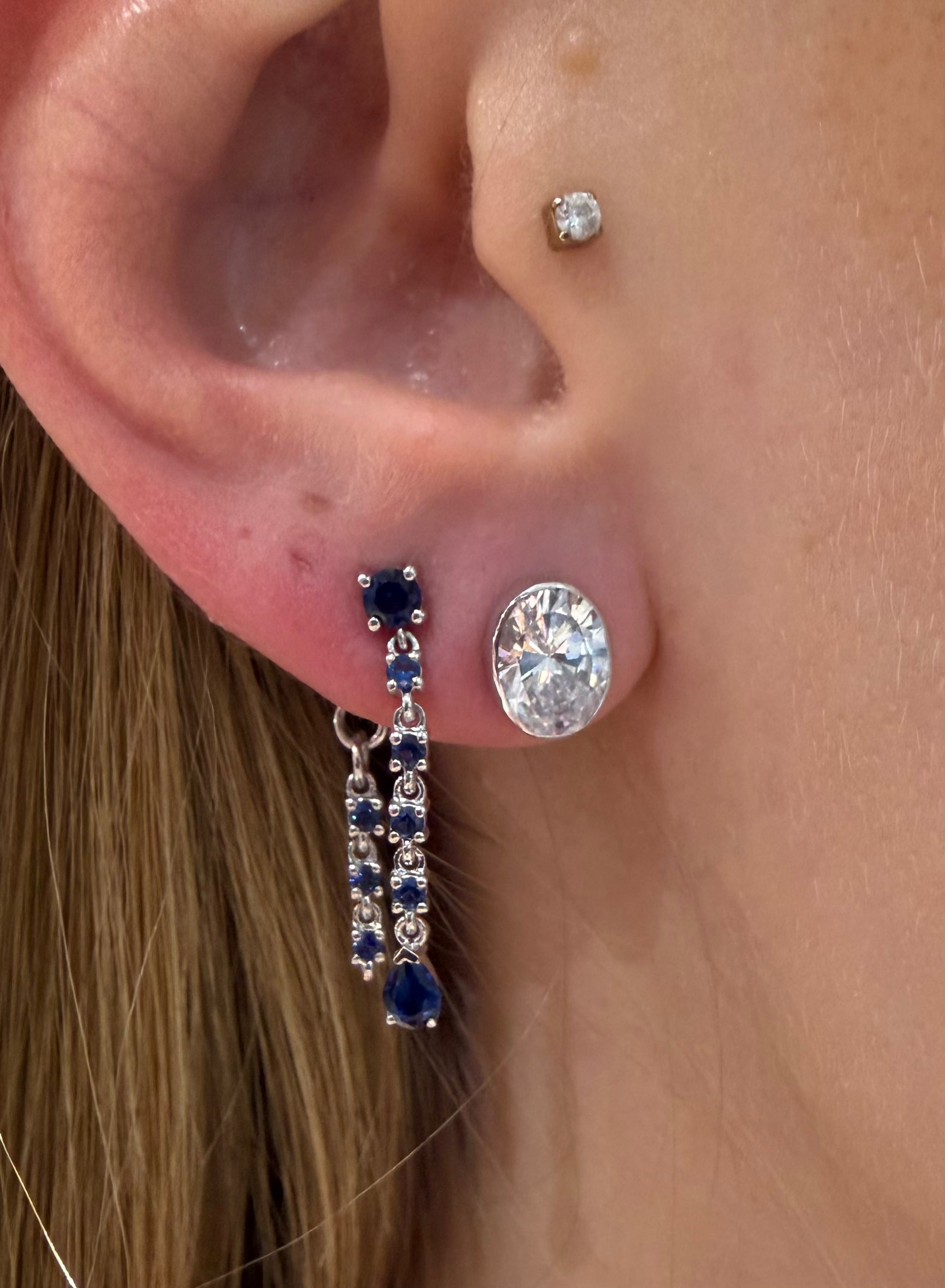 Baby Blue Drop Earrings double row sapphire line drop earrings in white gold styled on ear — Waltz Diamonds