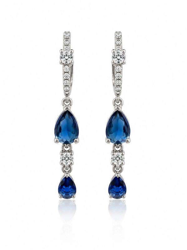 Baby Blue Pear Drop Huggies with two blue sapphire and diamond drop in white gold — Waltz Diamonds