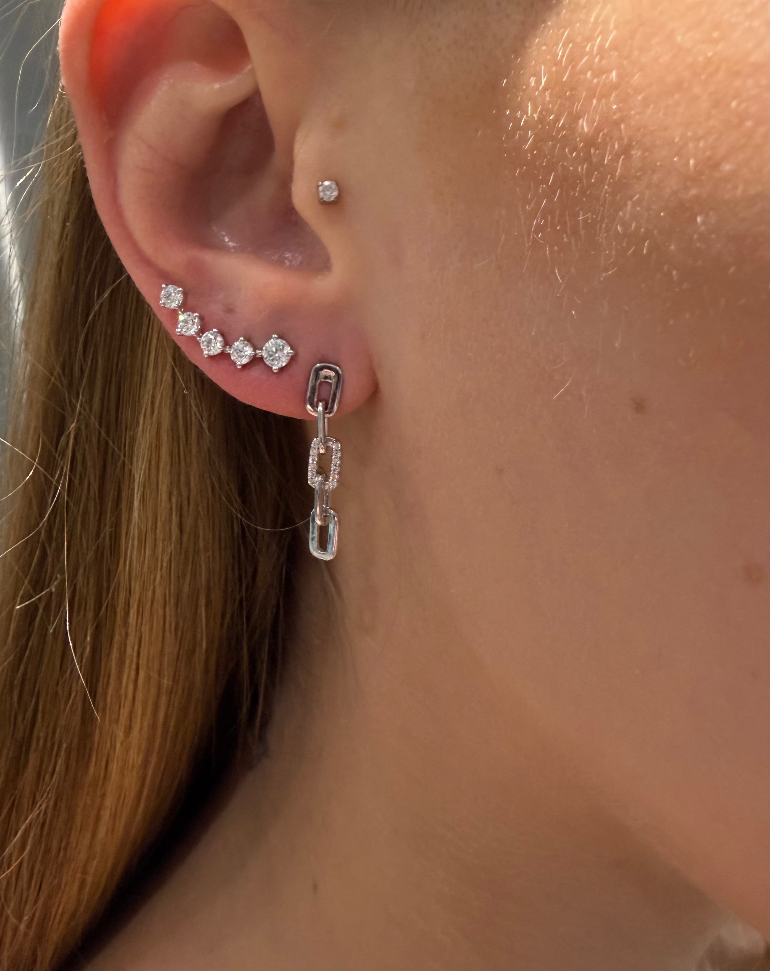 Baby Link Diamond Pave earrings featuring 4 dangling small links in yellow gold shown on ear — Waltz Diamonds