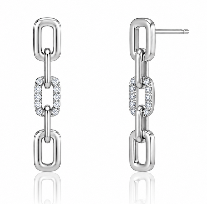 Baby Link Diamond Pave earrings featuring 4 dangling small links in white gold — Waltz Diamonds