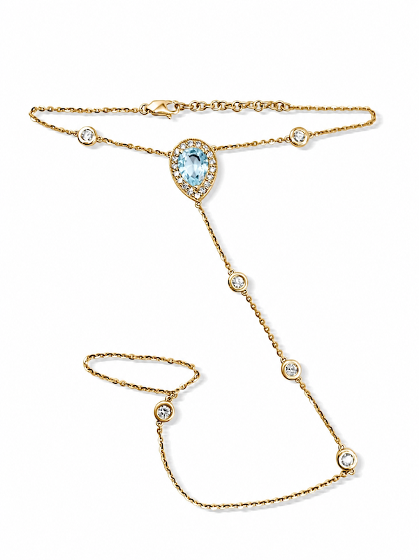Boheme birthstone hand chain with diamonds and aquamarine center stone in yellow gold — Waltz Diamonds