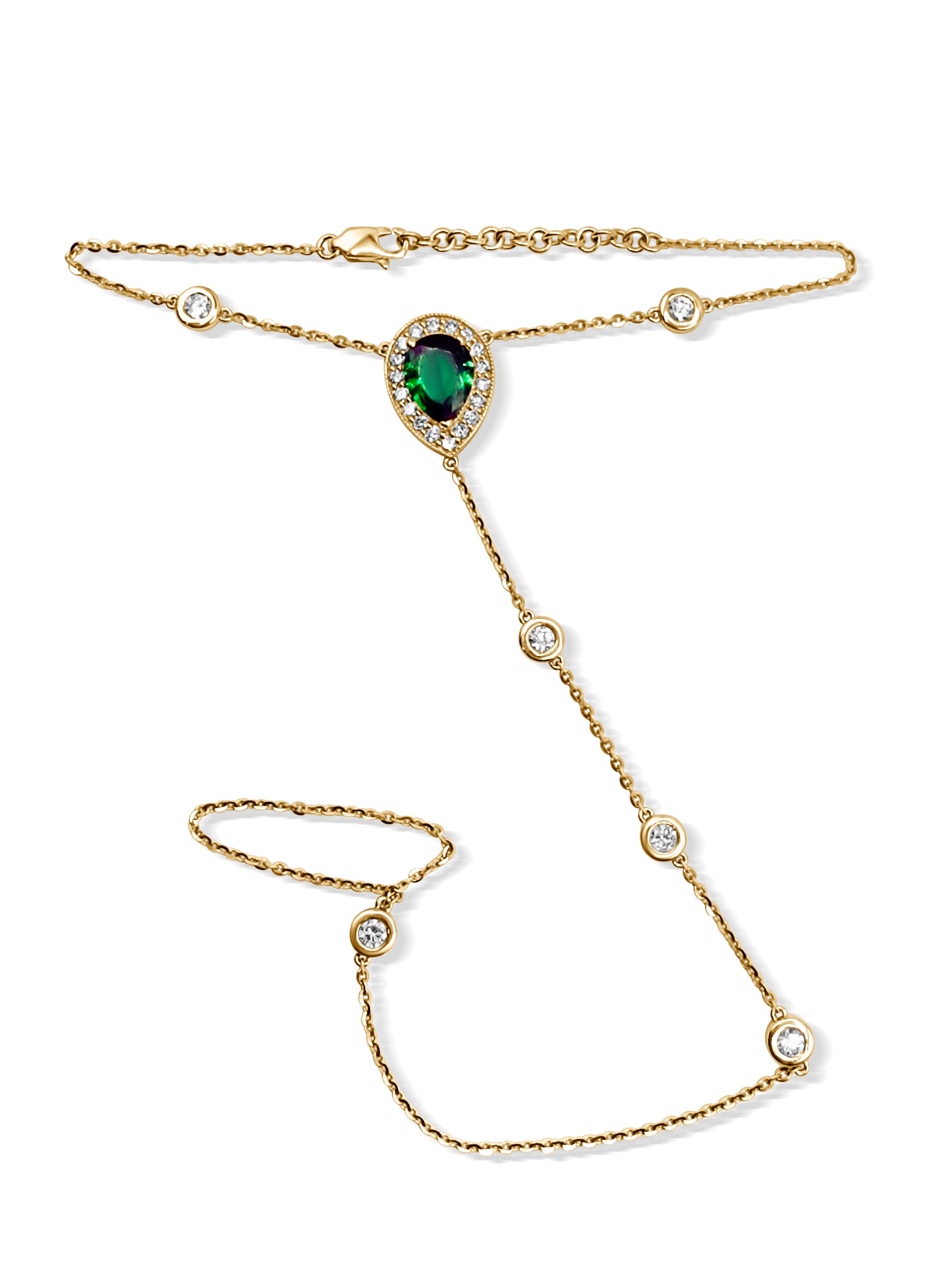 Boheme birthday hand chain in emerald in 14k yellow gold and diamonds