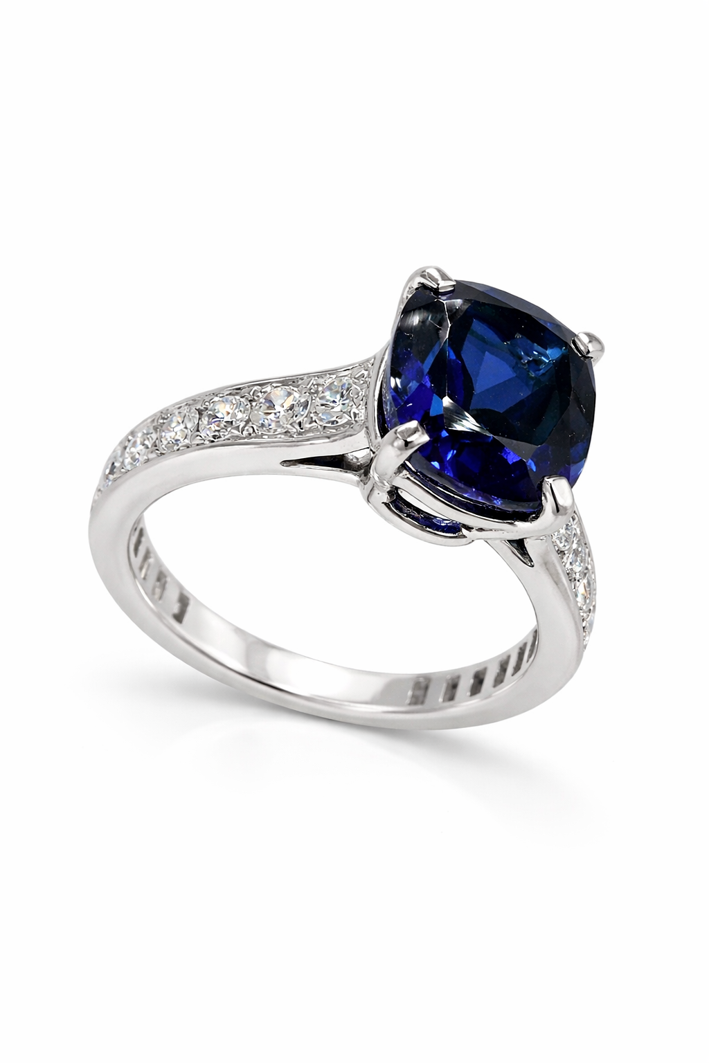 Blue Nilu cushion-cut blue sapphire engagement ring with diamond pave band in platinum—Waltz Diamonds