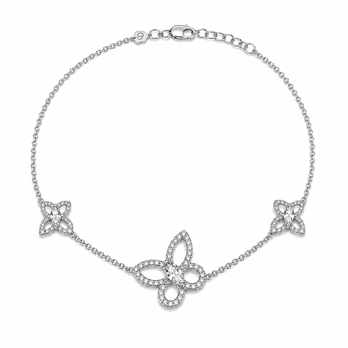 Butterfly effect anklet featuring three suspended diamond butterflies in white gold — Waltz Diamonds