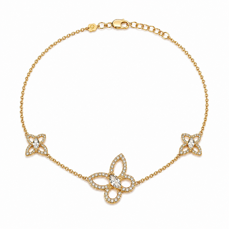 Butterfly effect anklet featuring three suspended diamond butterflies in yellow gold — Waltz Diamonds