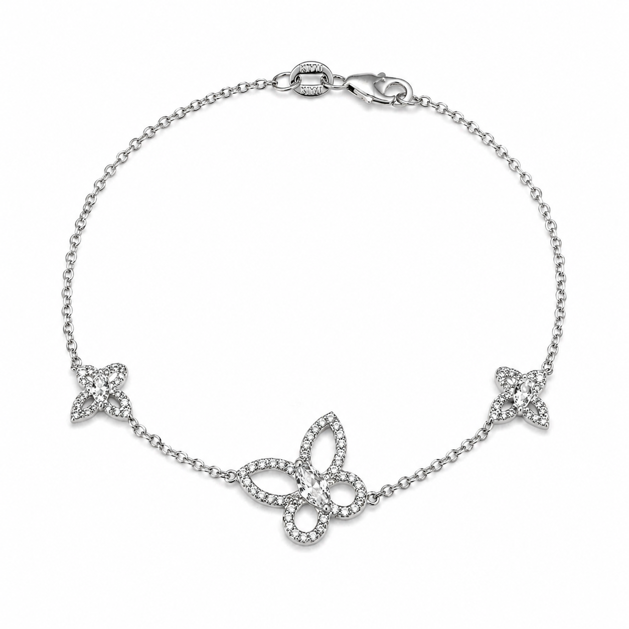 Butterfly Effect Bracelet in white gold featuring 3 butterflies with a marquise diamond center and pave wings — Waltz Diamonds
