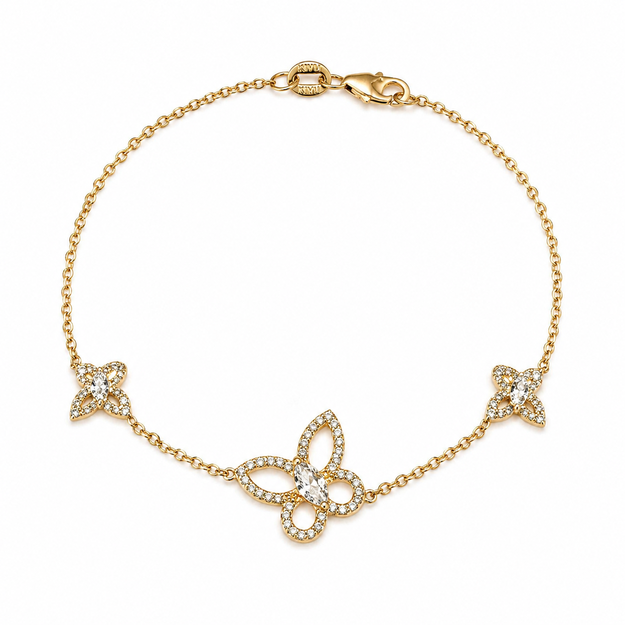 Butterfly Effect Bracelet in yellow gold featuring 3 butterflies with a marquise diamond center and pave wings — Waltz Diamonds