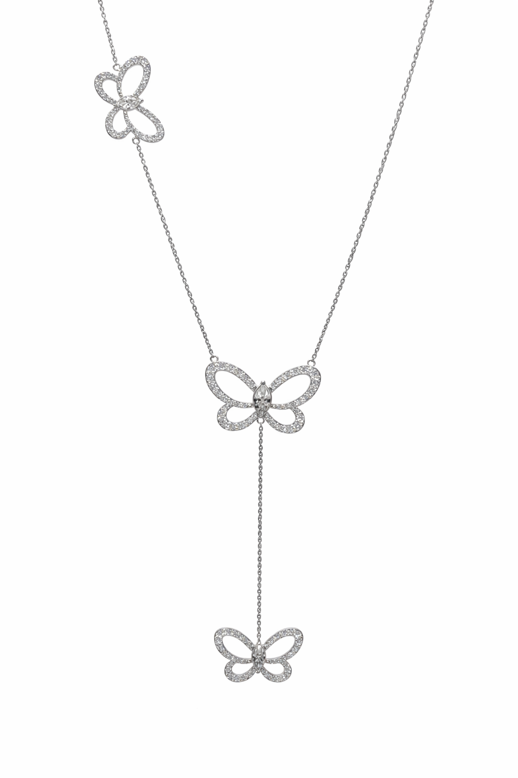 Butterfly Effect Lariat necklace with 3 suspended butterflies with marquise center stones in white gold — Waltz Diamonds