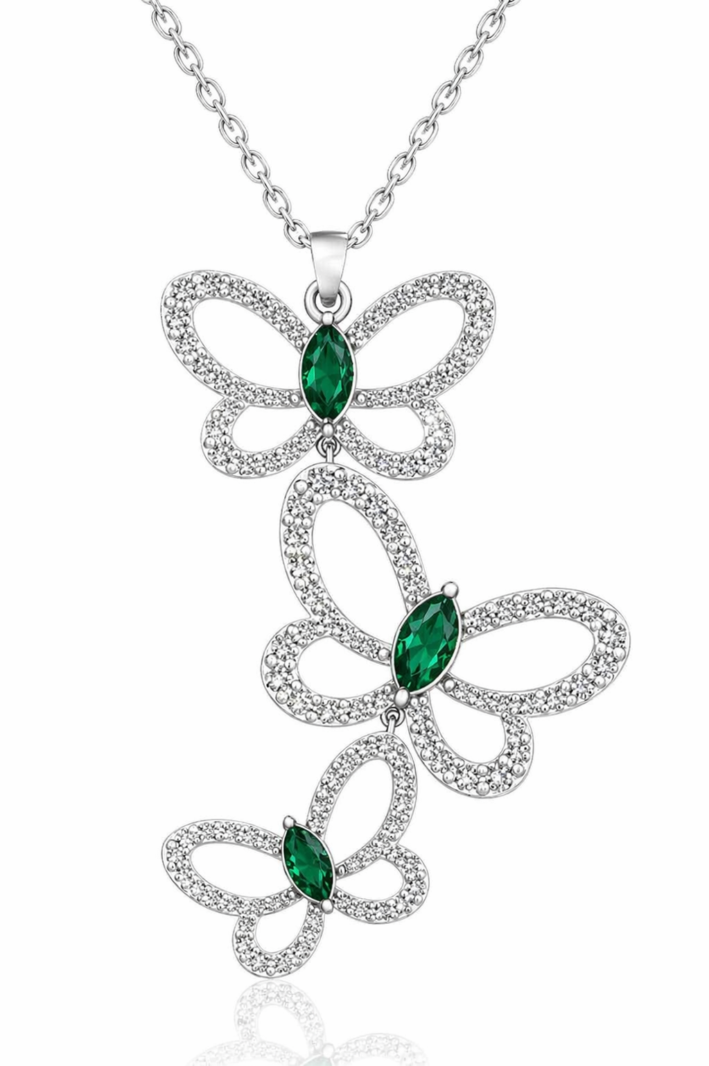 Butterfly effect pendant in white gold featuring 3 butterflies with marquise emerald center — Waltz Diamonds