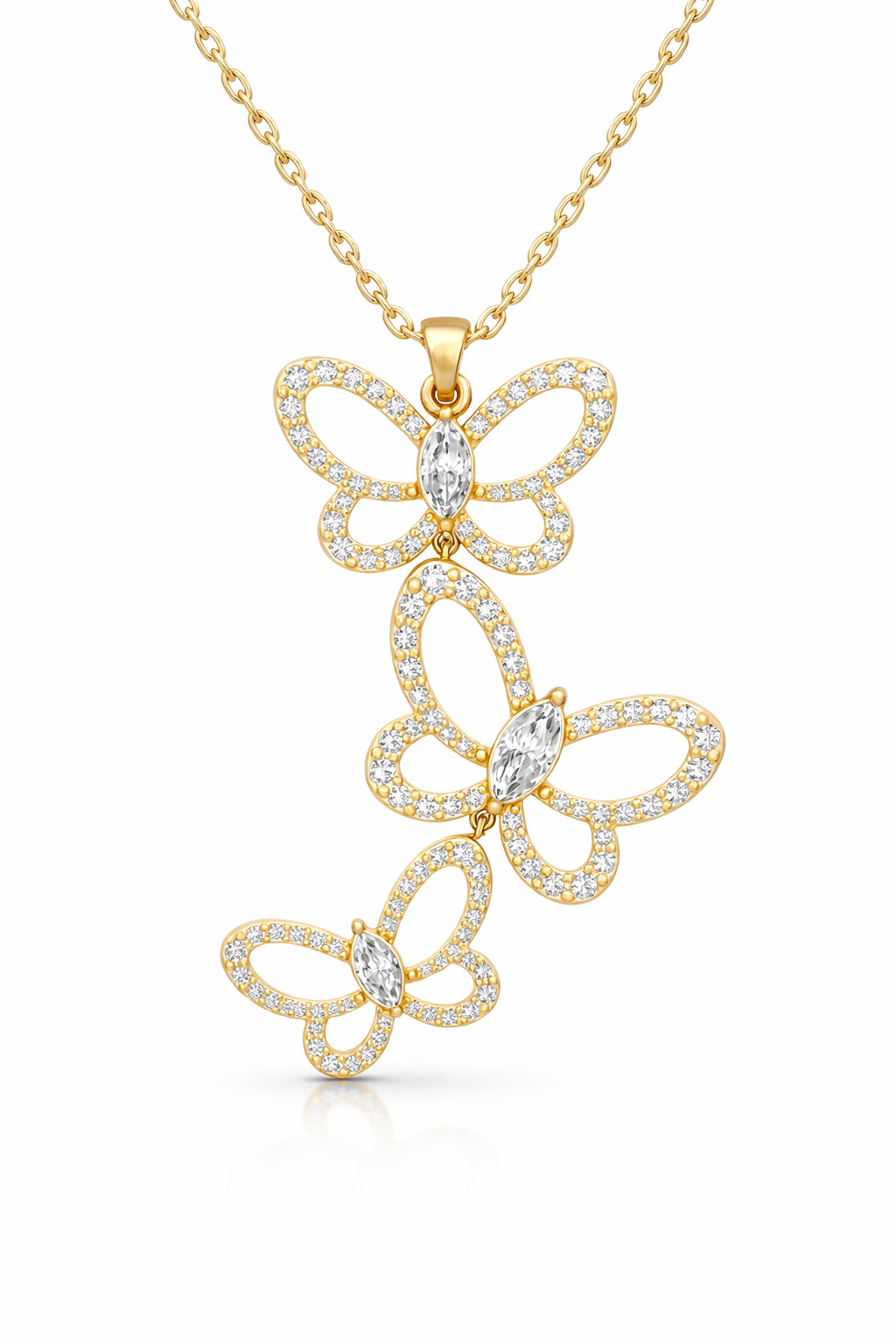 Butterfly effect pendant in yellow gold featuring 3 butterflies with marquise cut diamond center — Waltz Diamonds