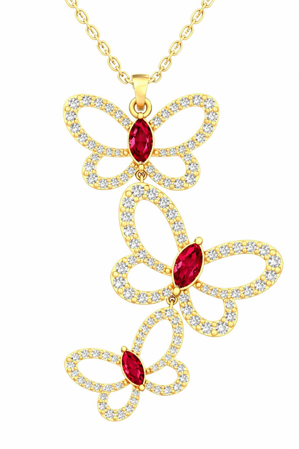 Butterfly effect pendant in yellow gold featuring 3 butterflies with marquise ruby center — Waltz Diamonds