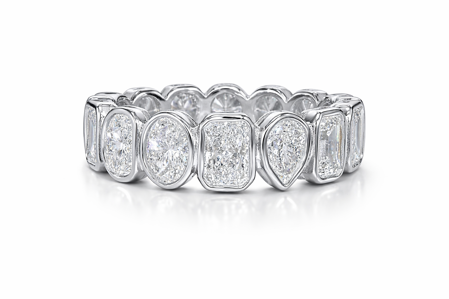 Cut Different multi-shaped bezel set eternity band in white gold — Waltz Diamonds