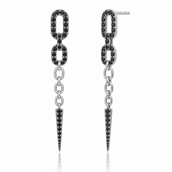Dagger Drop Earrings with black diamond pave links, chain detail and pointed diamond drops in white gold — Waltz Diamonds