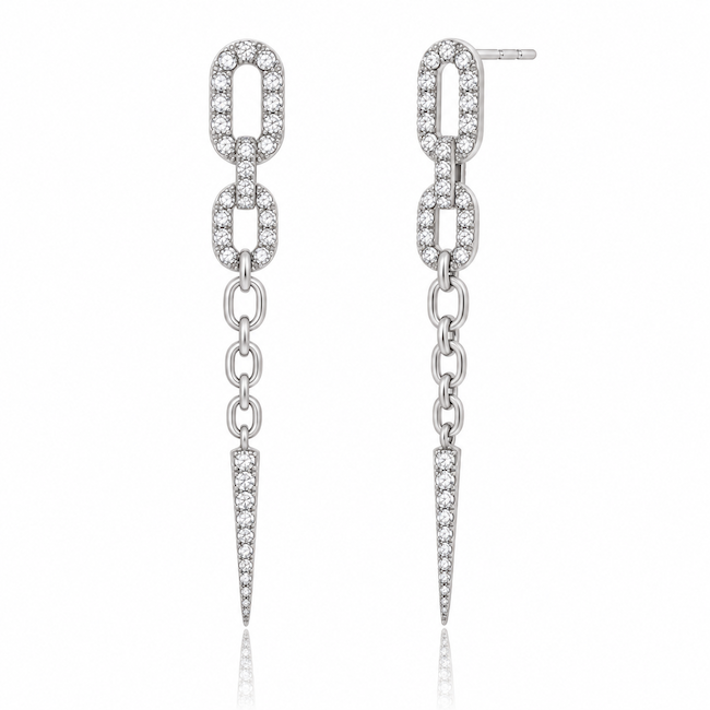 Dagger Drop Earrings with diamond pave links, chain detail and pointed diamond drops in white gold — Waltz Diamonds