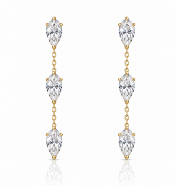 Dancing diamond earrings three pear cut drop earrings in yellow gold — Waltz Diamonds