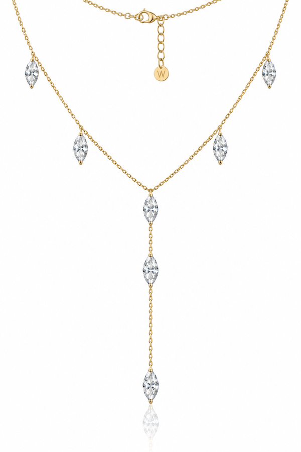 Dancing marquise lariat featuring seven drop marquise diamonds along a fine yellow gold chain in a y shape — Waltz Diamonds