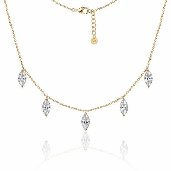 Dancing marquise diamond necklace featuring five marquise cut drop diamonds along yellow gold necklace — Waltz Diamonds
