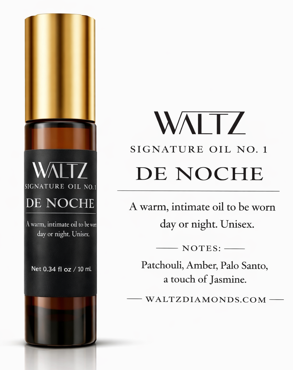 De Noche signature oil bottle with packaging on a white background—Waltz Diamonds