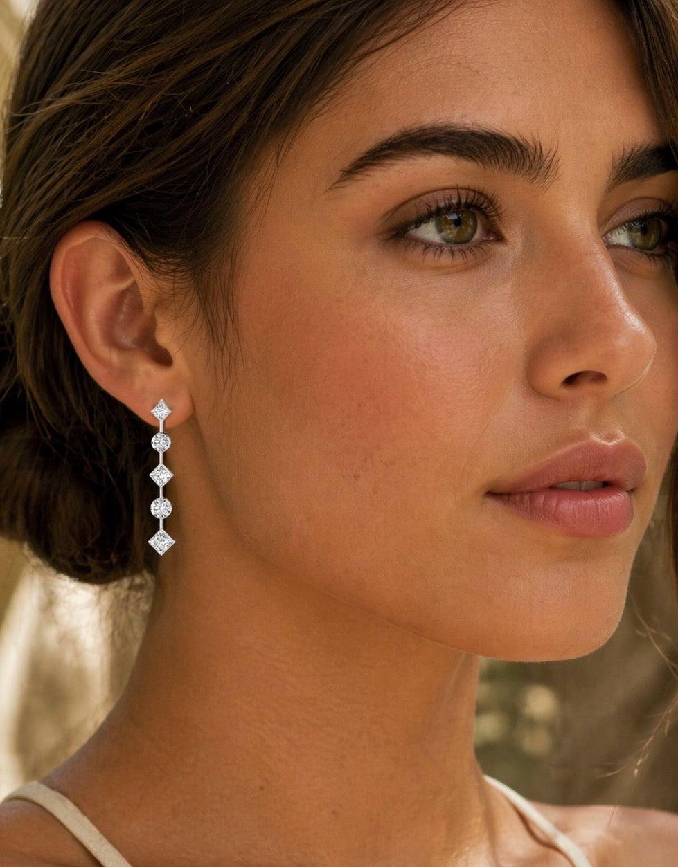 Double feature diamond drop earrings with alternating princess and round cut diamonds on model — Waltz Diamonds