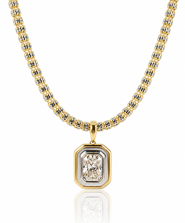 Double framed diamond pendant 3 carat cushion cut diamond set in a two toned framed pendant — Waltz Diamonds