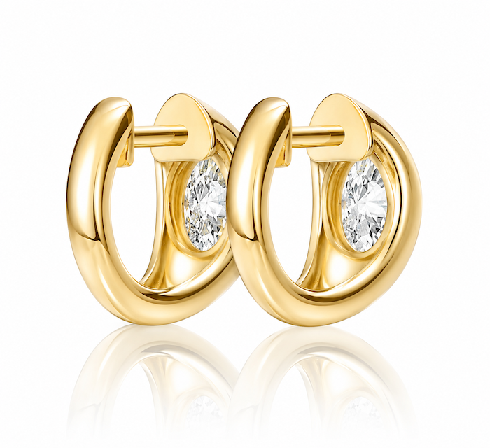 Eclipse Baby Diamond Huggies 1 ctw oval domed huggies yellow gold back view — Waltz Diamonds