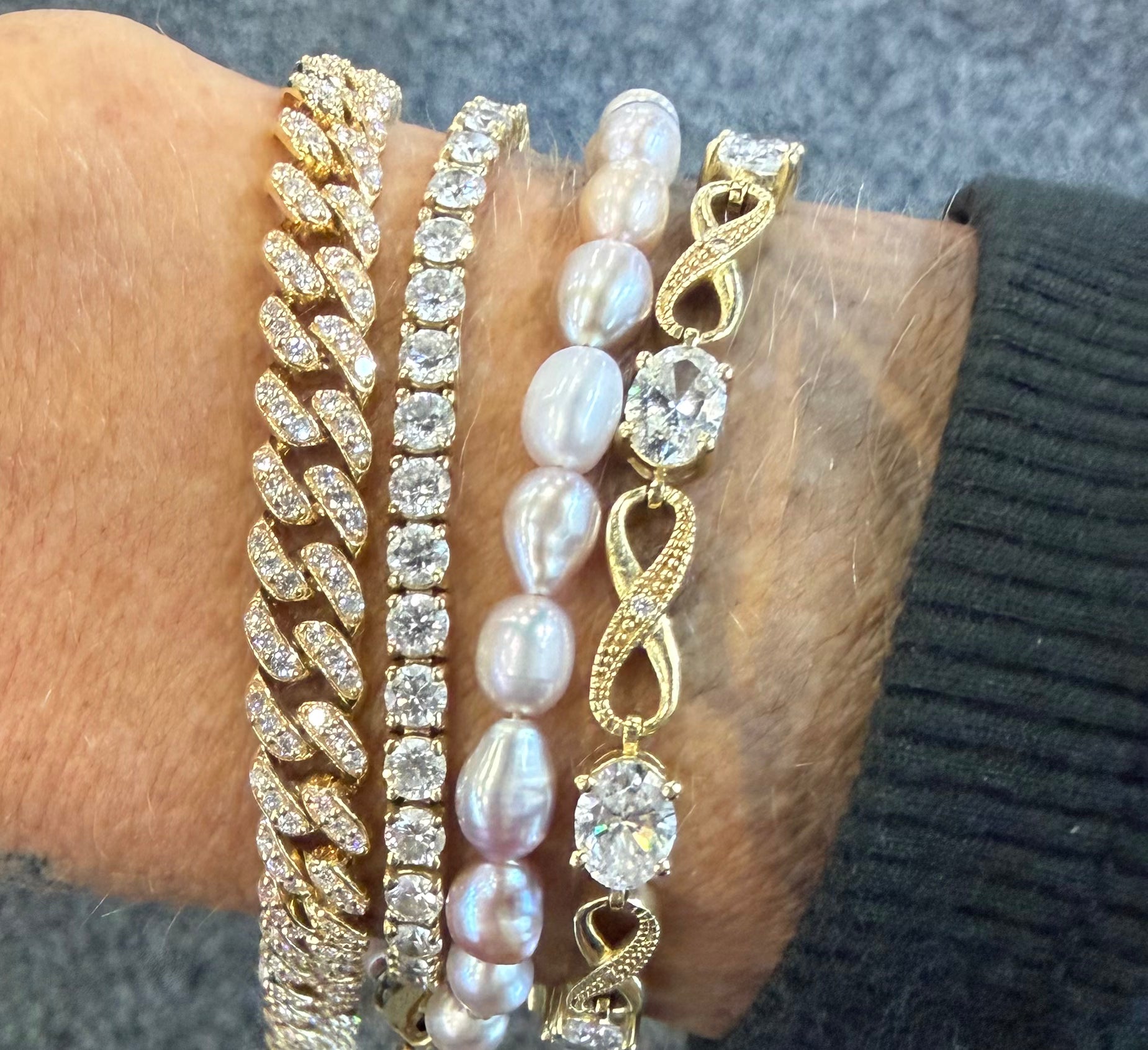 El Jefe cuban link bracelet in 7mm yelow 14 and lab styled with other Waltz pieces— Waltz Diamonds