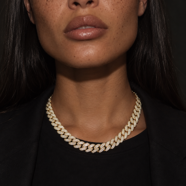 El Jefe Cuban Link and pavé diamond Necklace in yellow gold on model Waltz Diamonds — Waltz Diamonds