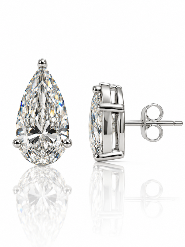 Elongated pair brilliant diamond stud white gold front and side view — Waltz Diamonds