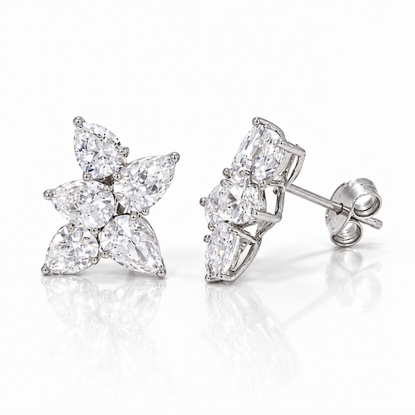 Fifth Element Pear Cluster Earrings in white gold 5 pear cut diamonds clustered together in each earring — Waltz Diamonds