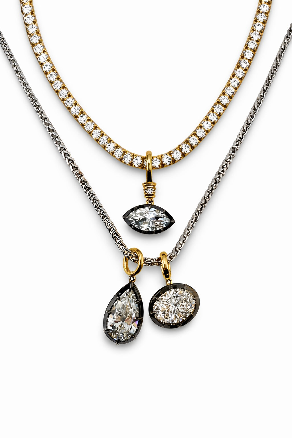 Five Kings Georgian pendants pear and oval with mixed metals—Waltz Diamonds