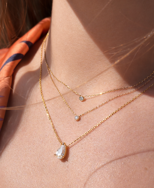 For the Planet Pear solitaire and Baby Bezel Necklace  styled on model - Waltz Diamonds