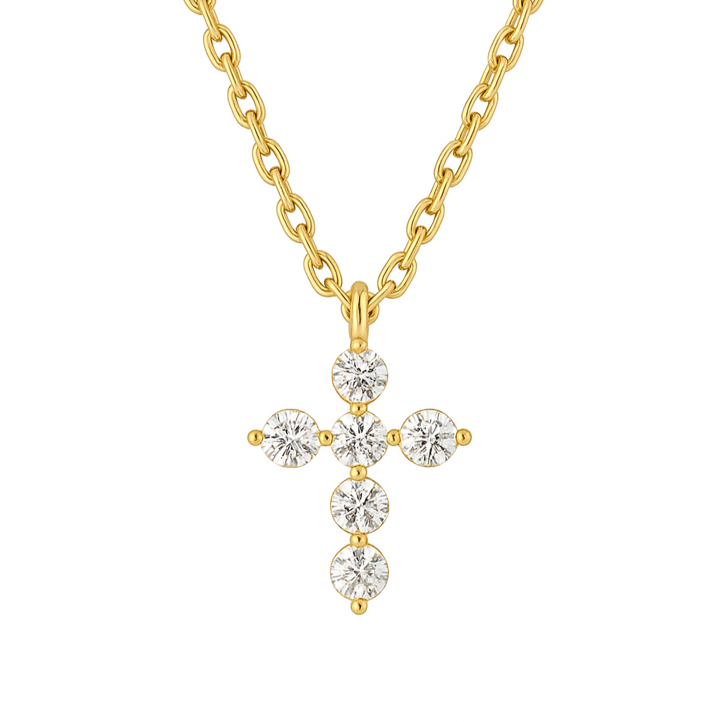 Yellow Gold necklace with a lab diamond cross pendant on a white background