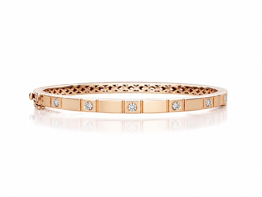 Groove Bangle features six bezel diamonds with a grooved design in rose gold  — Waltz Diamonds
