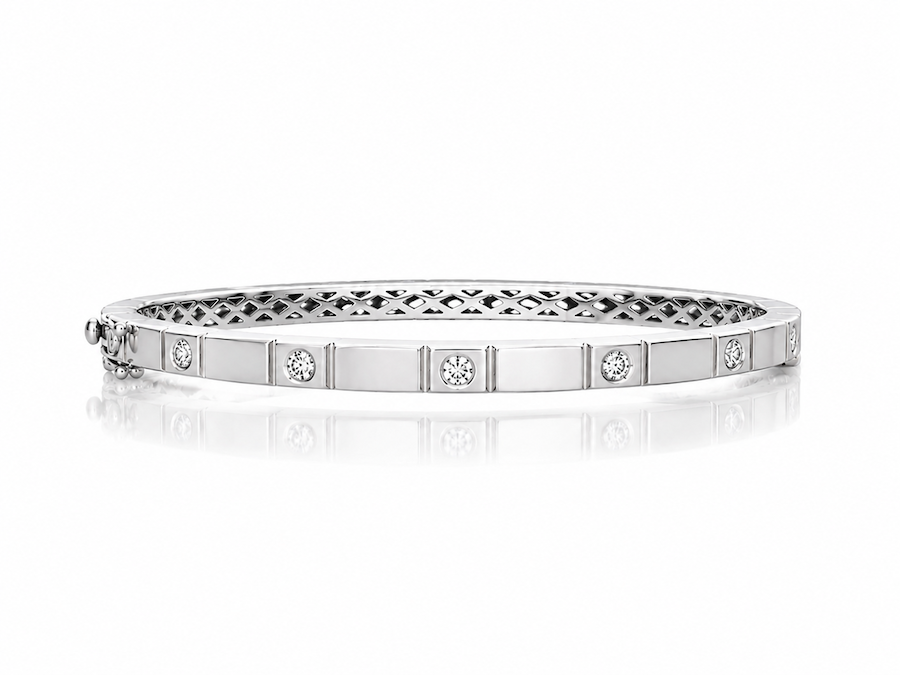 Groove Bangle features six bezel diamonds with a grooved design in white gold  — Waltz Diamonds