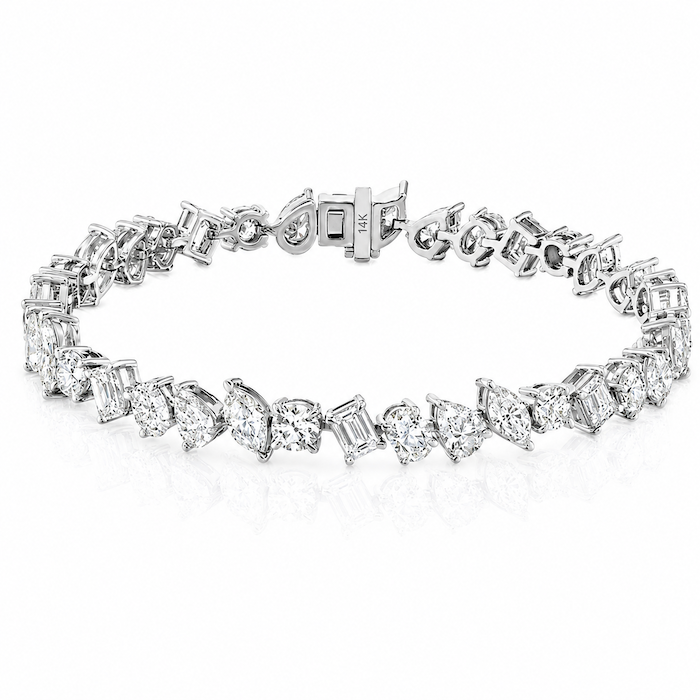 Habibi Multi-shaped tennis bracelet with pear,round,marquise,oval,and emerald cuts in white gold— Waltz Diamonds