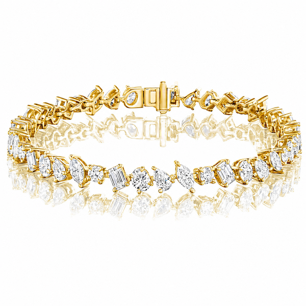 Habibi Multi-shaped tennis bracelet with pear,round,marquise,oval,and emerald cuts in yellow gold— Waltz Diamonds