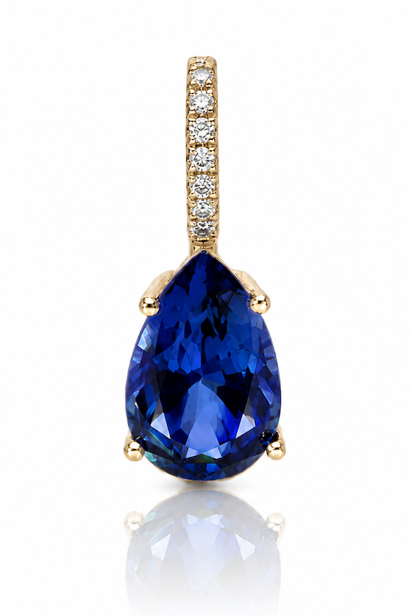 Heiress Sapphire pear pendant in yellow gold and diamond opening enhancer bail — Waltz Diamonds