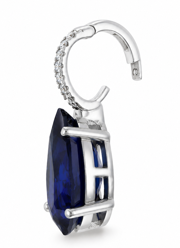 Heiress Sapphire pear pendant in white gold and diamond opening enhancer bail side view— Waltz Diamonds
