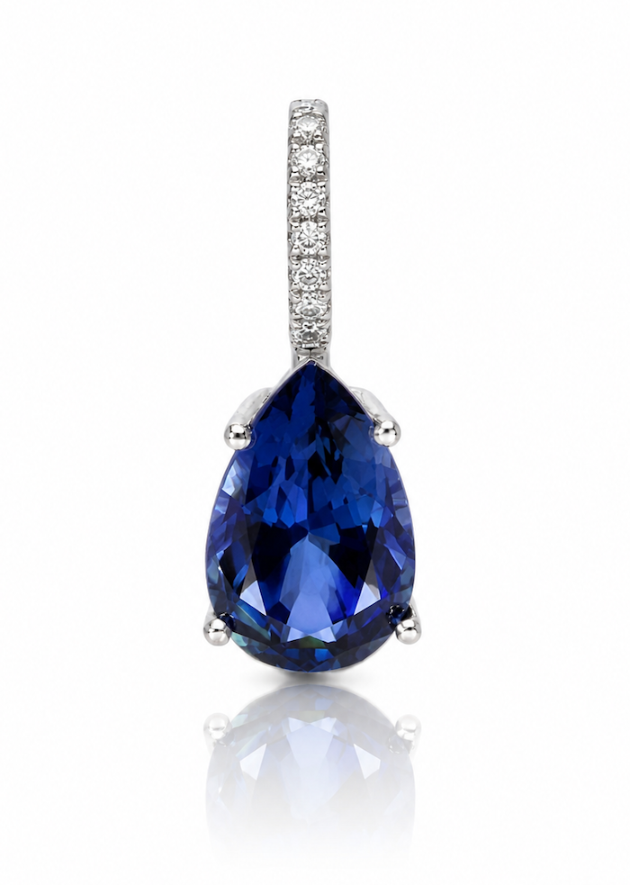 Heiress Sapphire pear pendant in white gold and diamond opening enhancer bail — Waltz Diamonds
