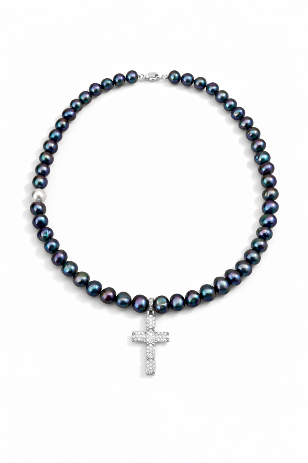 Holy Water Pearl Choker in peacock with silver and lab diamond cross pendant—Waltz Diamonds