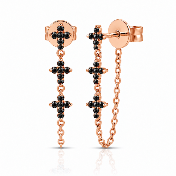 Holy Trinity diamond chain earrings A pair of rose gold dangle earrings with three black diamond crosses — Waltz Diamonds